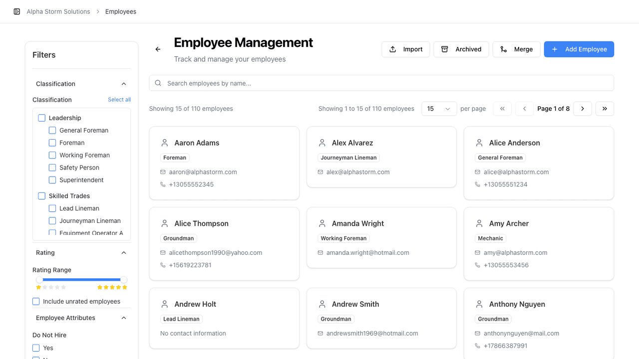 StormCall Employees: product screenshot