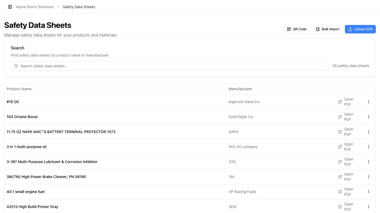 StormCall Safety Data Sheets (SDS): product screenshot