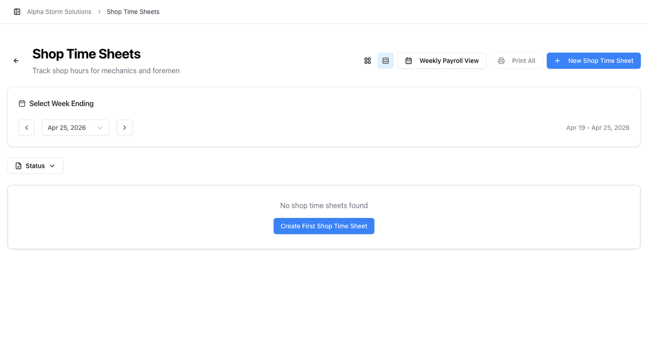 StormCall Shop Time Sheets: product screenshot