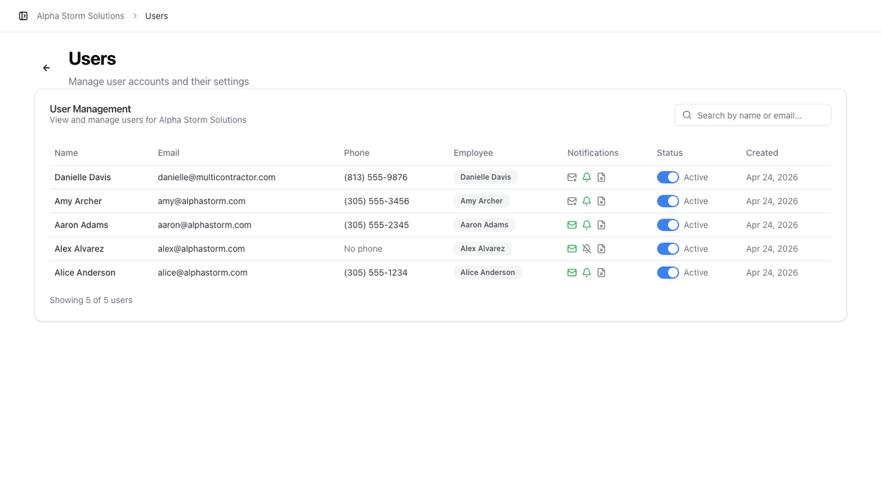 StormCall Users: product screenshot