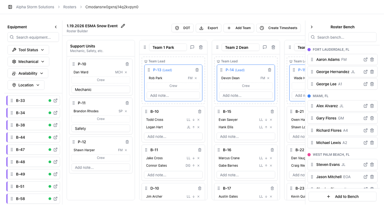 StormCall contractor dashboard: home overview with fleet status